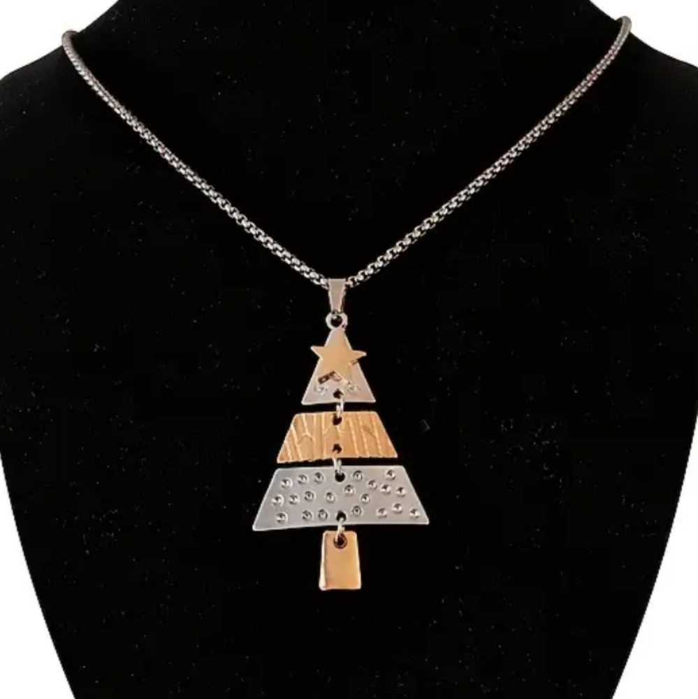 2/$35 Chic Women's Silver and Gold Christmas Tree Pendant & Necklace.